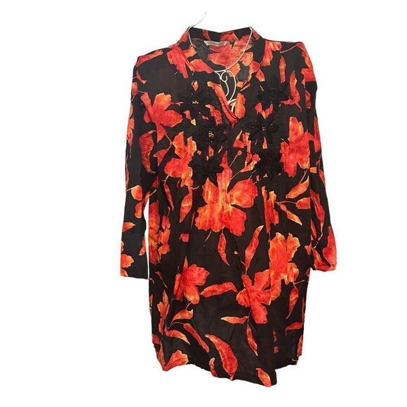 SOFT SURROUNDINGS Hibiscus Floral Tunic Top Shirt Blouse  Sz medium Good CONDITI - Picture 5 of 9